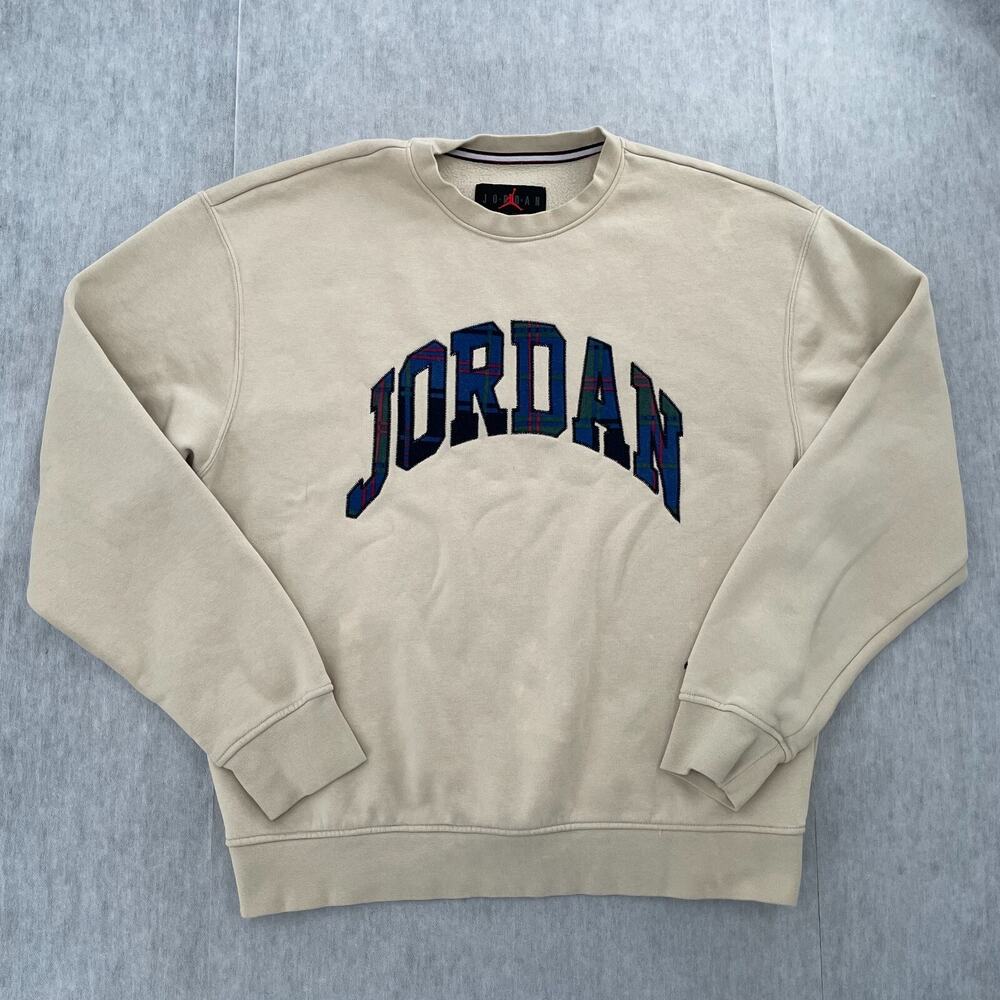 Nike Jordan Sweater Adult Medium Brown Crew Neck Plaid Spell Out Pullover Mens M